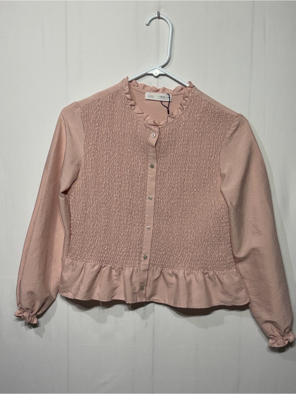 Zara Kids Pink Smocked Ruffle-Trim Button Front Top